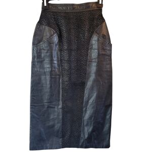Vtg 80s 90s Winlit Black Leather High Waist Midi Skirt